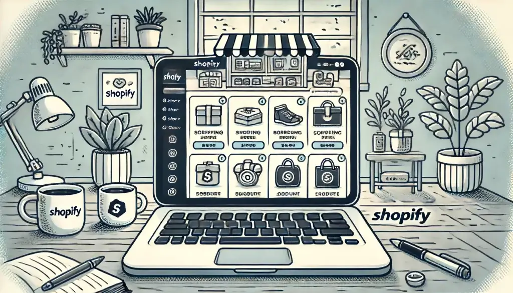 Desenho em estilo cartoon de uma interface de loja online em um laptop, mostrando produtos e representando empresas que usam Shopify