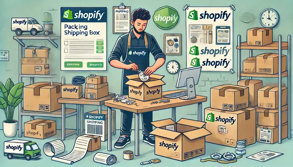 Desenho em estilo cartoon de um proprietário de negócio embalando produtos em uma caixa de envio com a marca Shopify, ilustrando empresas que usam Shopify