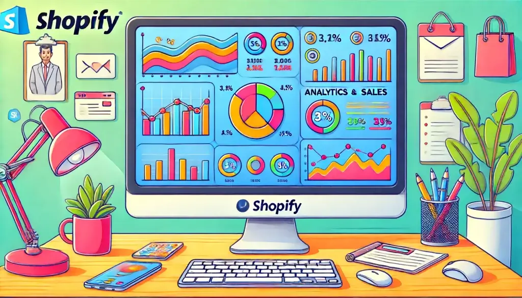 Desenho em estilo cartoon de um painel do Shopify em uma tela de computador, exibindo dados analíticos e de vendas, representando empresas que usam Shopify.