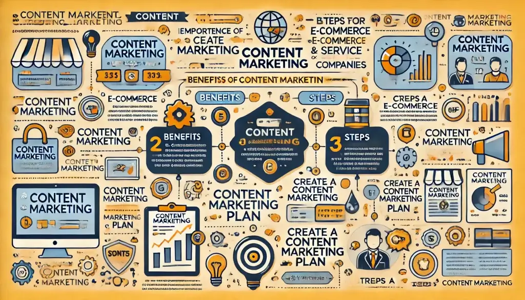 Infográfico detalhado explicando a importância e estratégias do marketing de conteúdo, incluindo benefícios para e-commerce e empresas de serviços, e etapas para criar um plano de marketing de conteúdo. O infográfico é visualmente atraente, usando ícones e resumos de texto breves para cada seção.