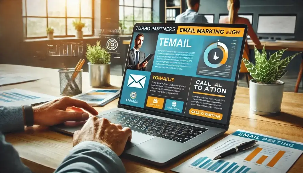 Uma campanha de email marketing vibrante e profissional, mostrando um email com layout bem projetado na tela de um laptop. O email inclui uma mistura de texto e imagens, um botão claro de call to action e elementos de branding da Turbo Partners. O fundo é um ambiente de escritório com uma pessoa analisando métricas de email em um tablet.