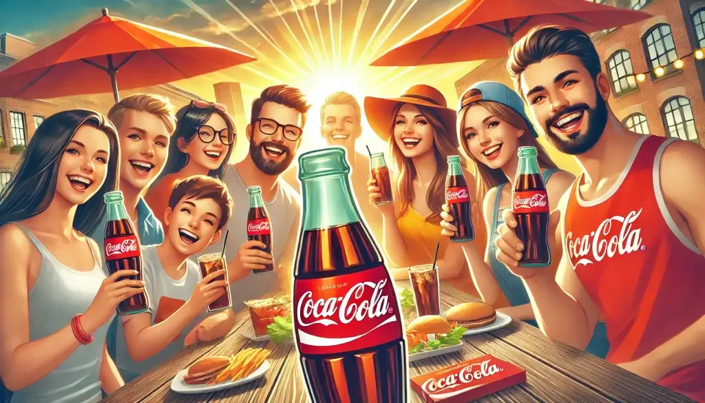 Um anúncio com pessoas felizes aproveitando uma Coca-Cola, com cores vivas e quentes e rostos sorridentes em uma reunião amigável, evocando sentimentos de alegria e positividade.